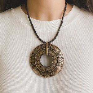 Chico's Extra Large Medallion Tribal Brass Tone Donut Hoop Pendant Cord Necklace